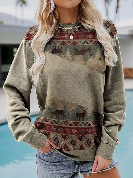 Women Casual Animal Autumn Spandex Daily Loose Pullover Crew Neck Regular Size Sweatshirt
