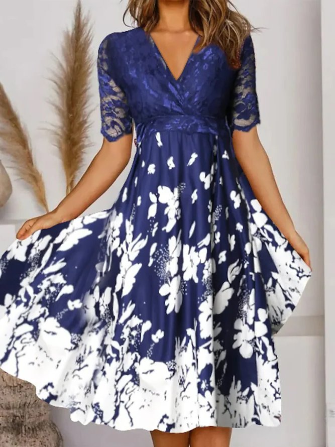 Elegant Floral V Neck Lace Dresses