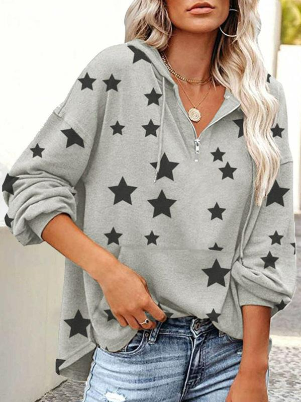 Women Casual Autumn Star Polyester Zipper Long sleeve Regular Off Shoulder Sleeve H-Line Sweatshirt