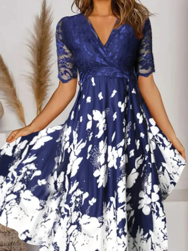 Elegant Floral V Neck Lace Dress
