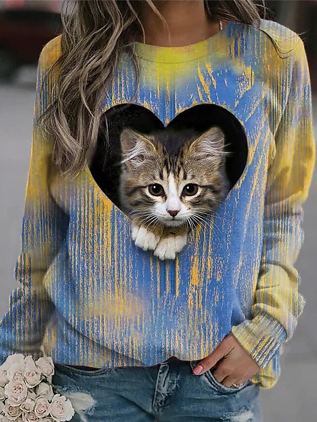 Cat Crew Neck Casual Sweatshirt