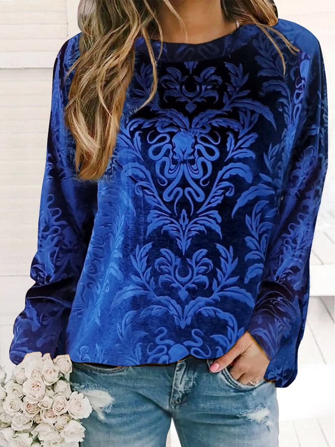 Gorgeous velvet folk pattern embossed loose sweater plus size