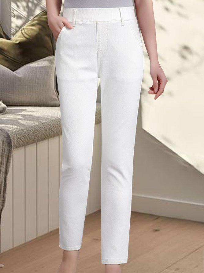 Elastic waist pocket plain basic Casual Pants