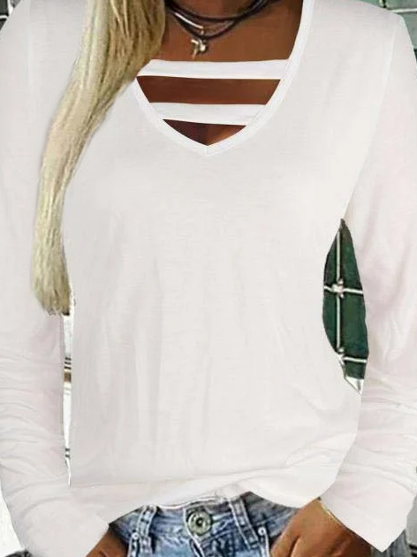 V-neck Cutout Casual Loose Solid Color Long-sleeved T-shirt