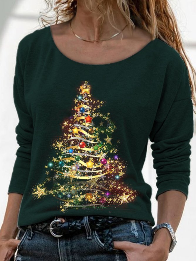 Casual crew neck Christmas tree top t-shirt female