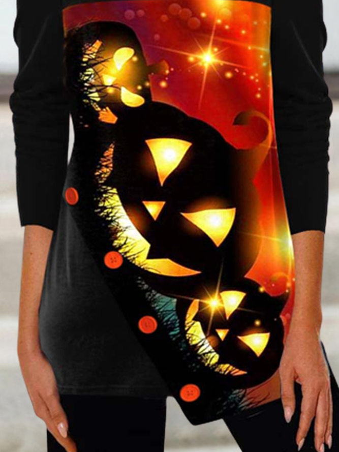Casual Black Halloween Pumpkin Print Long Sleeve T Shirt