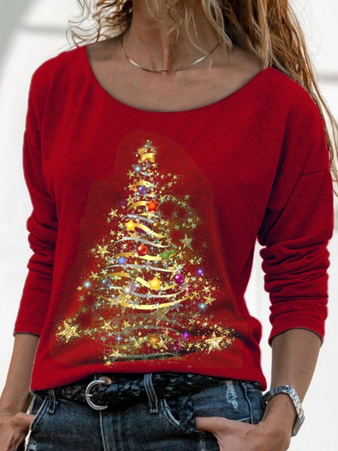 Casual Crew Neck Christmas Tree Top & T-shirt Female