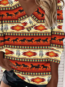 Loose Ethnic V Neck Sweatshirts