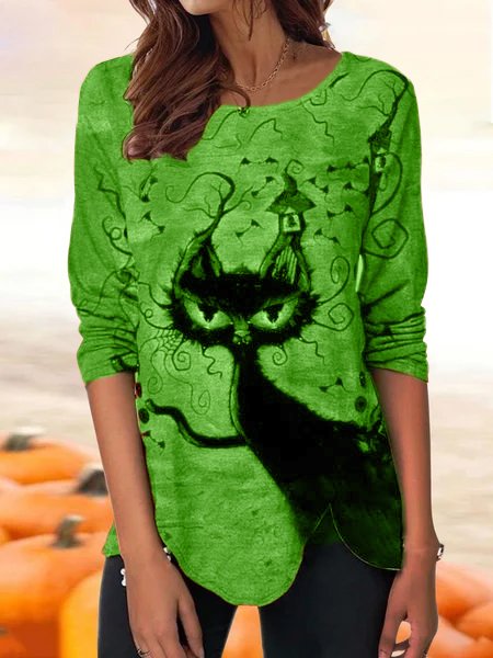 Women Casual Autumn Cat Loose Halloween Long sleeve Regular Medium Elasticity Regular Size Tops