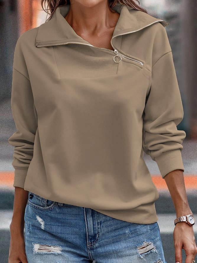 Women Casual Plain Autumn Zipper Daily Regular Fit Long sleeve Regular Regular Sweatshirt
