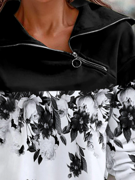 Black and White Floral Zip-Up Oversized Sweatshirt