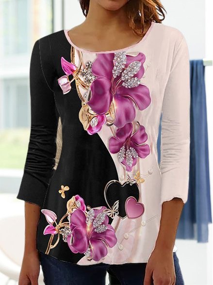 Casual Floral Design Crew Neck Long Sleeve Top