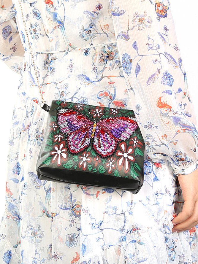 Hand-applied Rhinestone Butterfly PU Leather Waterproof Zipper Crossbody Bag