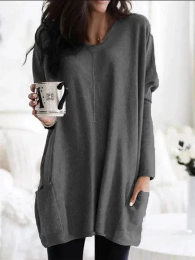 Casual Solid Long Sleeve Solid Top Tunics with Pockets