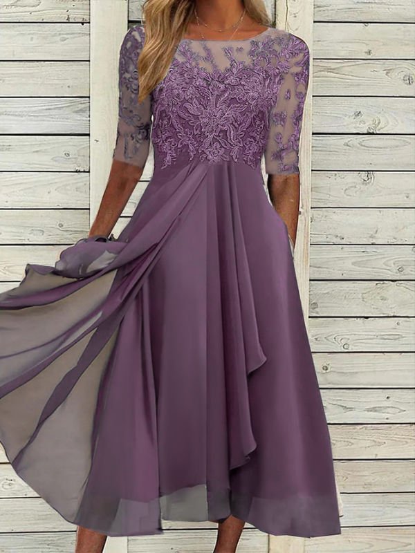 Round Neck Lace Swing Elegant Occasion Formal Midi Prom Dress