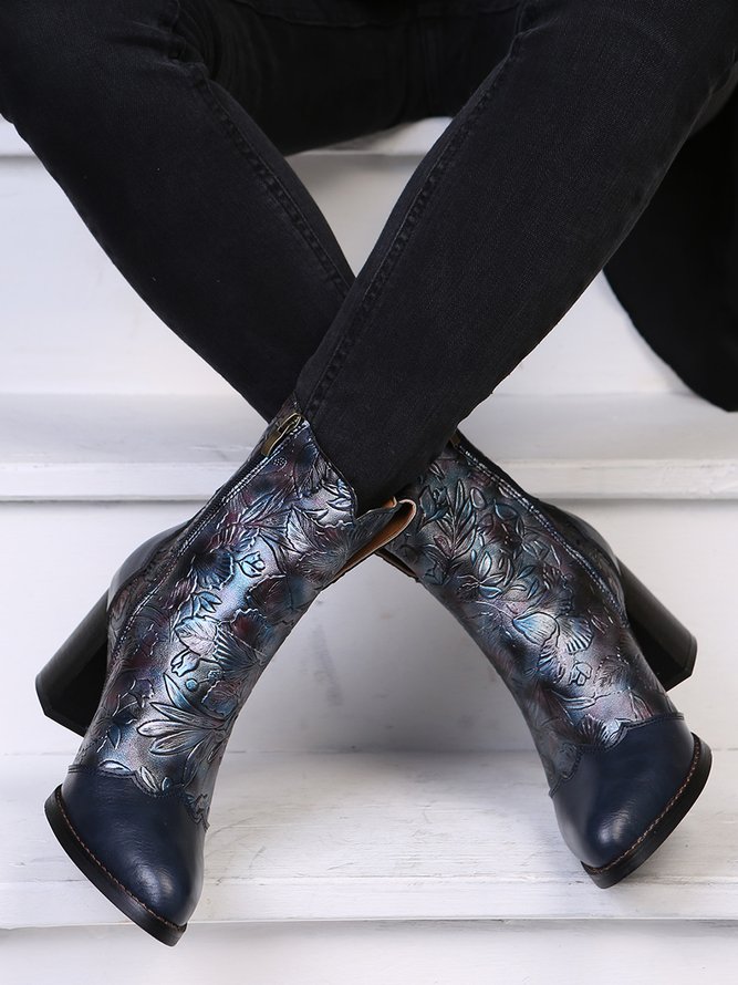Vintage Distressed Floral Embossed Chunky Heel Boots