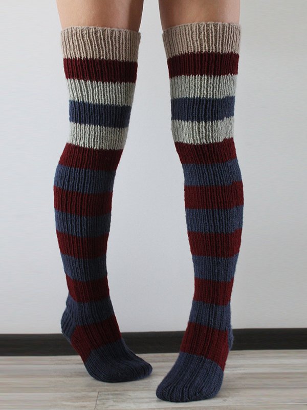 Casual Home Contrast Stripe Long Tube Over Knee Knit Pile Socks Women