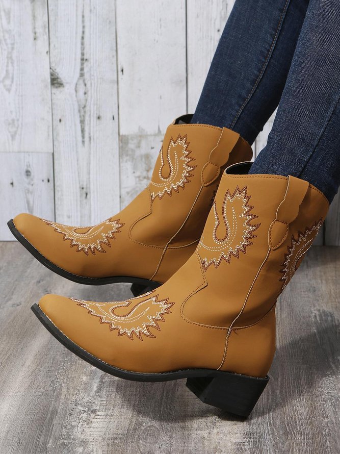 Retro Embroidered Ethnic Style Chunky Heel Casual Cowboy Boots