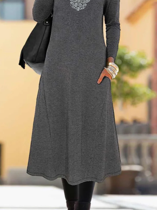 Casual Plain Autumn Natural Regular Fit Midi Long sleeve Cotton-Blend T-Shirt Dress Dresses for Women