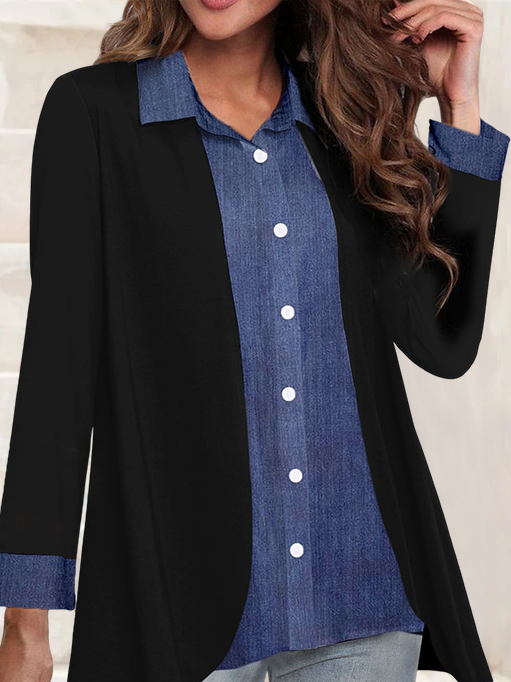 Casual Faux Two Piece Long Sleeve Black Blouse