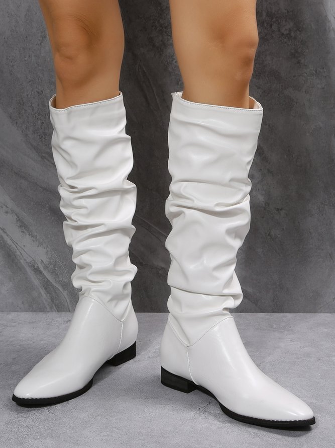 Black and White Solid Pleated Tall Boots