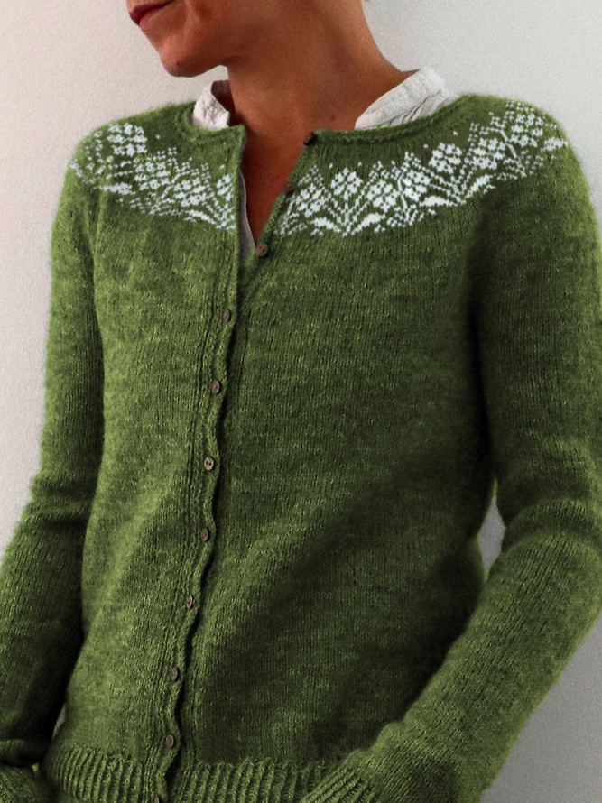 Ethnic Pattern Wool/Knitting Casual Crew Neck Sweater Coat