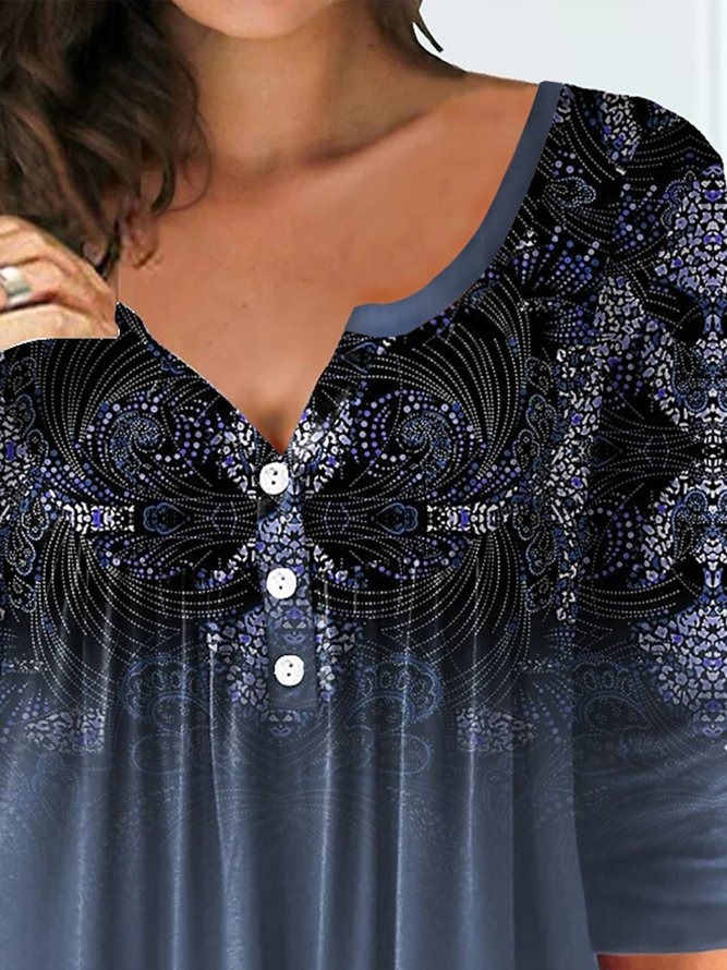 Women's V Neck Gathered Ethnic Buttoned T-Shirt