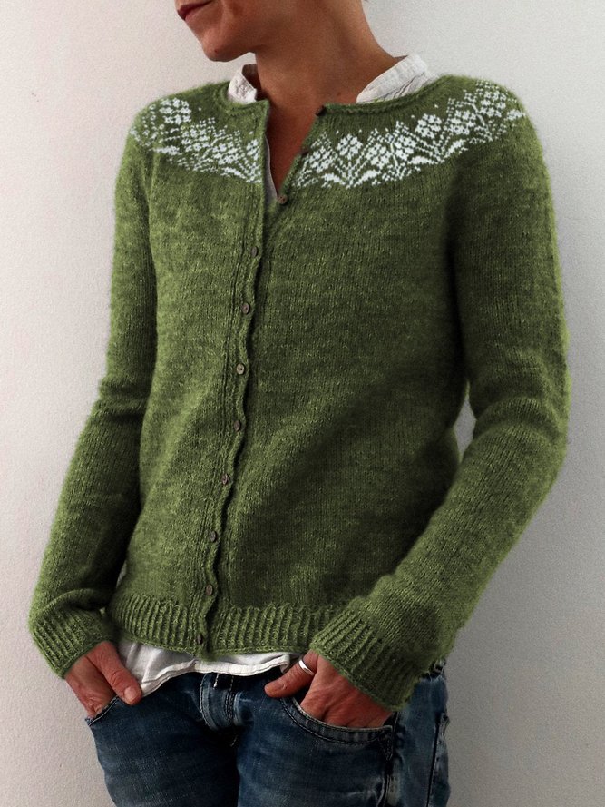 Ethnic Pattern Wool/Knitting Casual Crew Neck Sweater Coat