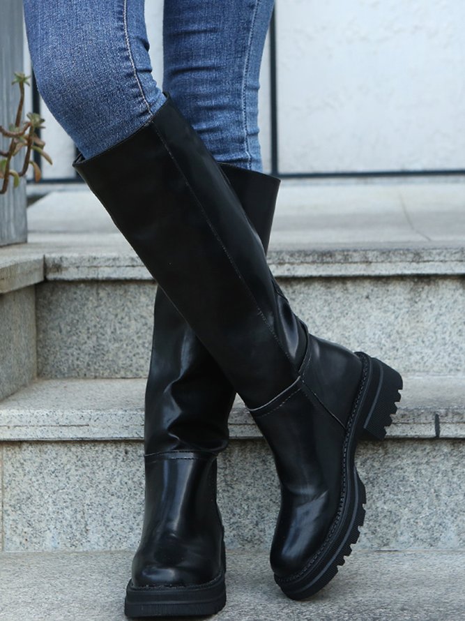 Solid Color Leather Straight Boots