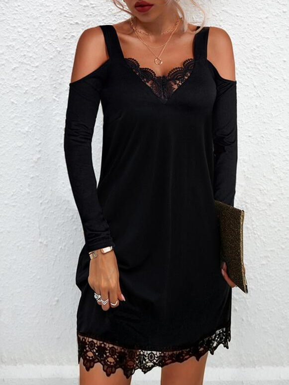 Urban Solid Lace Long Sleeves Cold Shoulder Sleeve Shift Above Knee Little Black/Casual Tunic Dresses