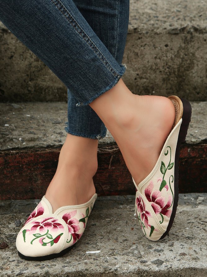 Boho Ethnic Floral Embroidery Mules