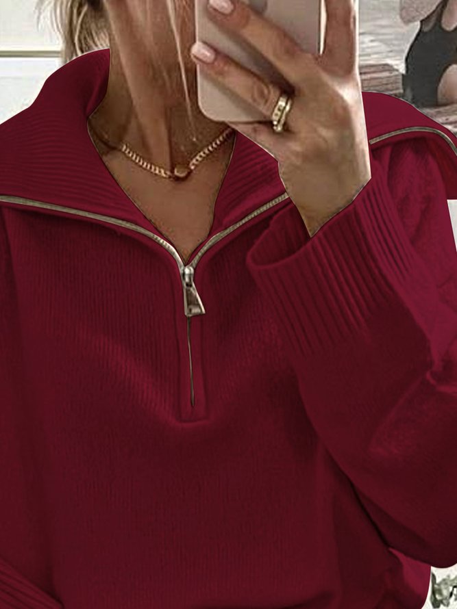 Wine red Christmas plain zipper Lapel Pullover loose sweater plus size