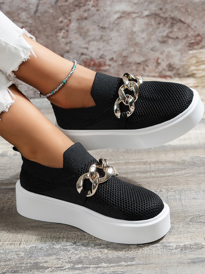 Hollow Breathable Flyknit Solid Color Metal Chain Round Toe Platform Shoes