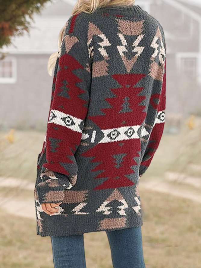 Loose Ethnic Yarn/Wool Yarn Geometric Sweater Coat