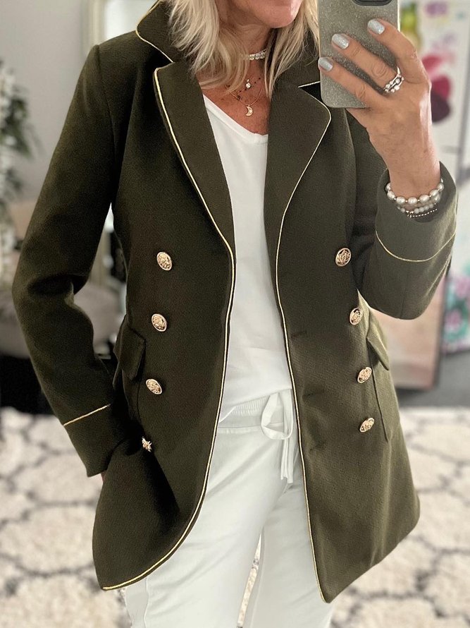 Military green gold trim button loose fabric suit coat plus size