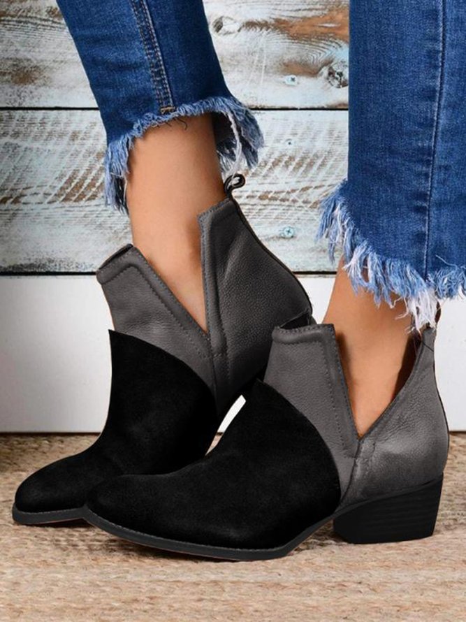 Vintage Contrast Soft Faux Suede Chunky Heel Pointed-Toe Booties