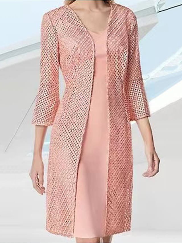 Elegant Plain Lace Cardigan & High Stretch Dress Two-Piece Set