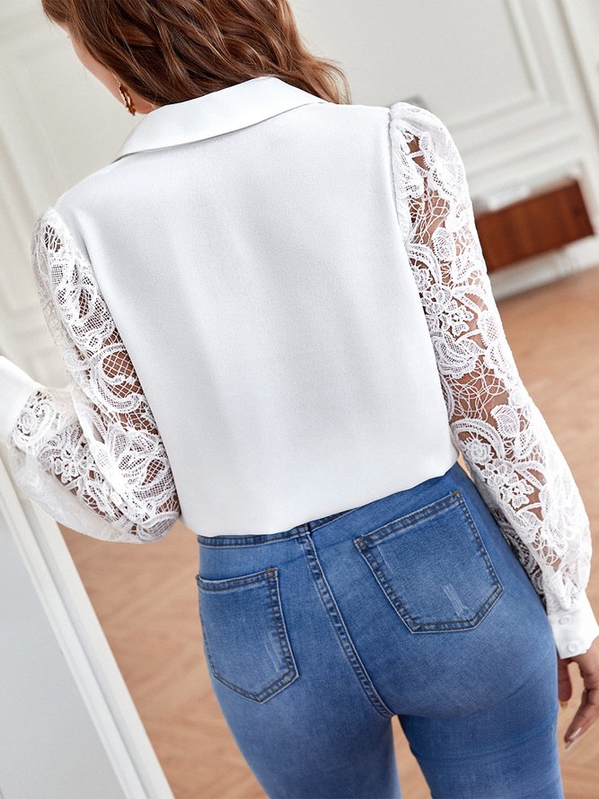 Elegant Shawl Collar Lace Buttoned Blouse