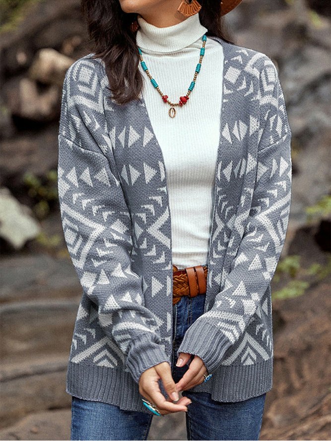 Aztec patterned grey open knit Cardigan