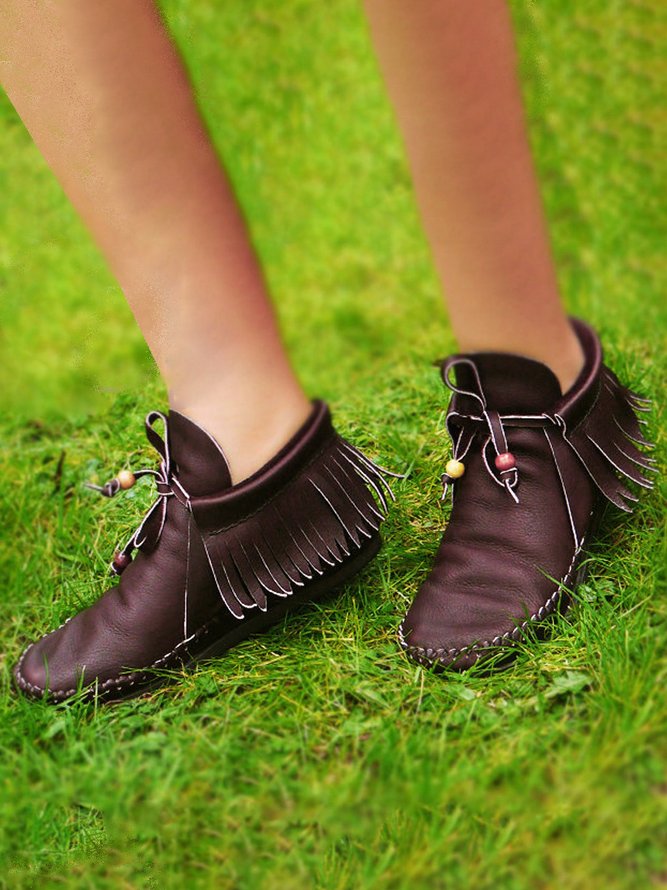 Leather Fringe Beaded Moccasin Booties