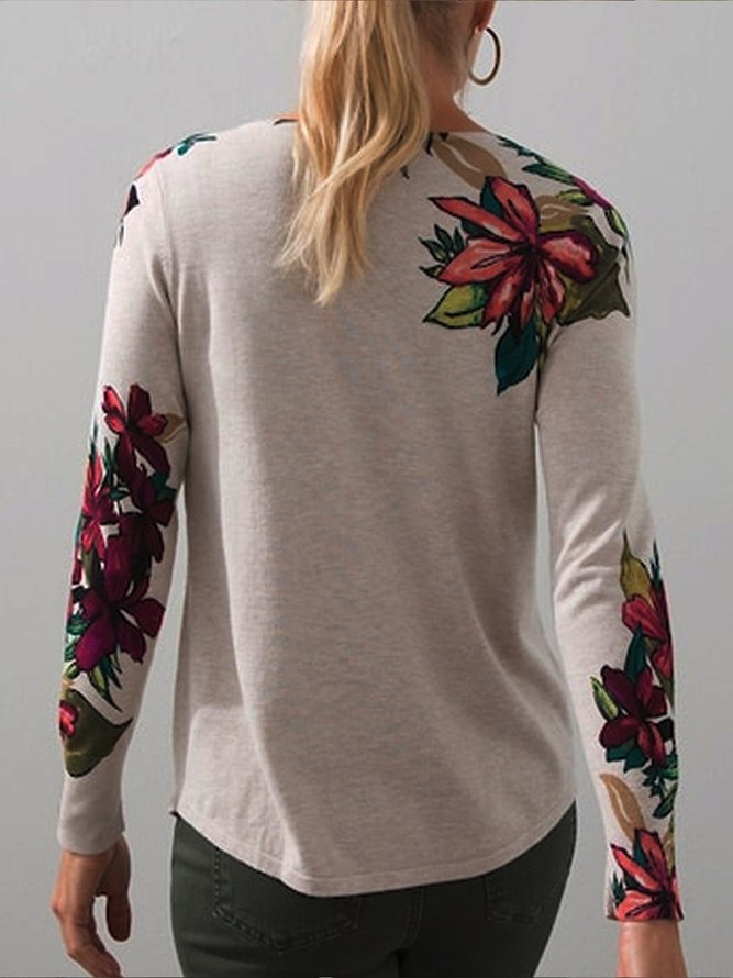 Flower print Pullover V-neck T-shirt plus size