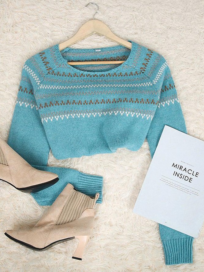 Casual Blue Ethnic Long Sleeve Sweater