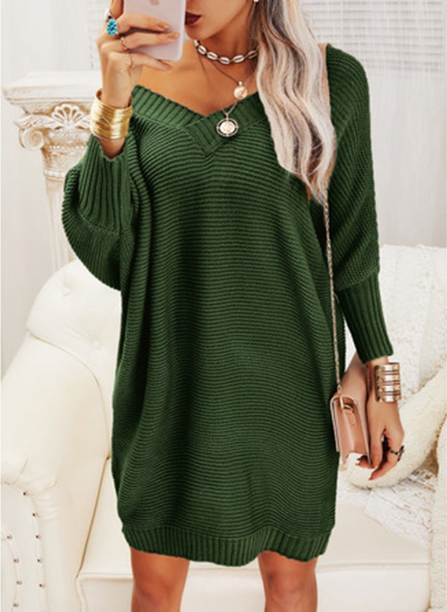 Casual Plain V-Neck Thermal Sweater One Piece