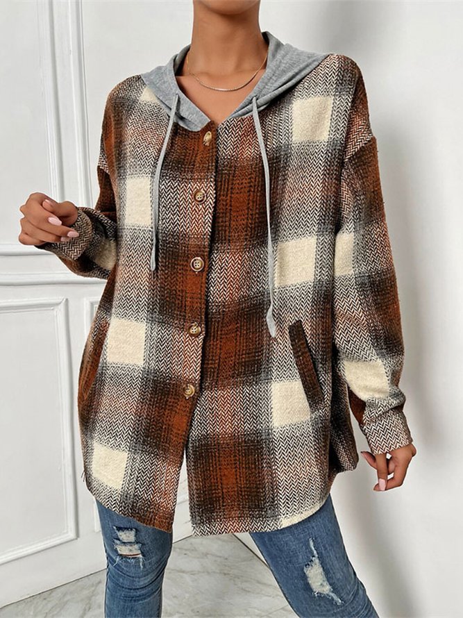 Women's Casual Hoodie Jacket Streett Warm Breathable Streetwear Casual Plaid Jacket Coat