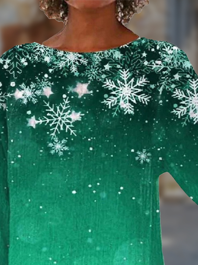 Christmas Snowflake Crew Neck Loose Cotton-Blend Tops