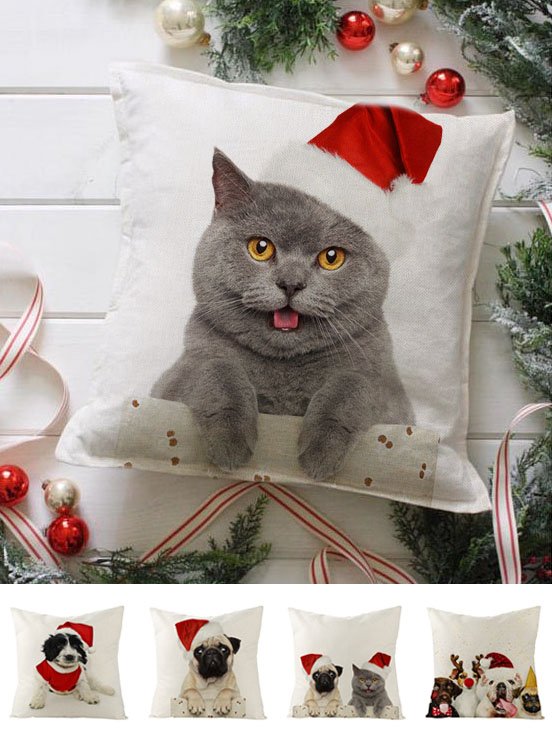 Christmas Pillow Cover Christmas Animal Cat Dog Print Festive Party Cushion Cover