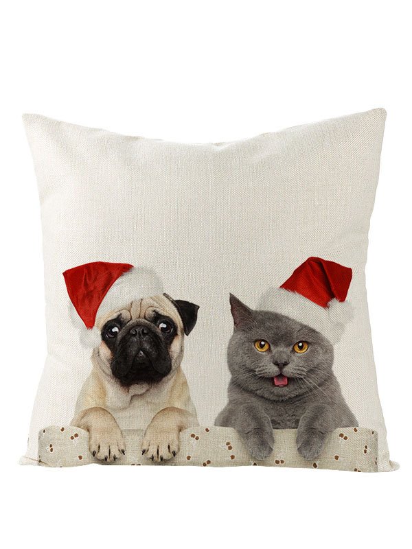 Christmas Pillow Cover Christmas Animal Cat Dog Print Festive Party Cushion Cover