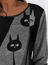 Black and White Cat Crew Neck Loose T-Shirt