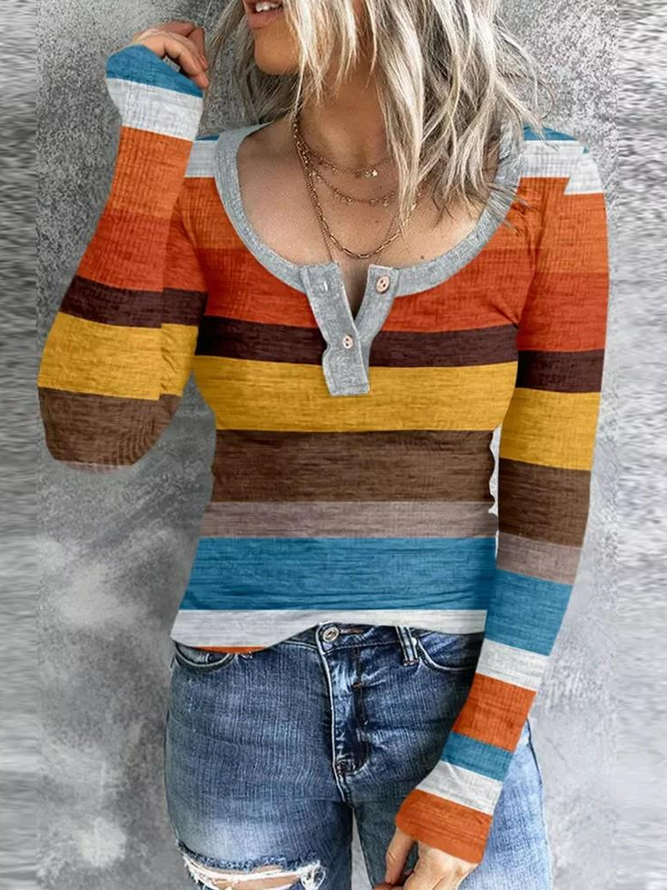 Casual Colorblock Striped Button Front Long Sleeve Top