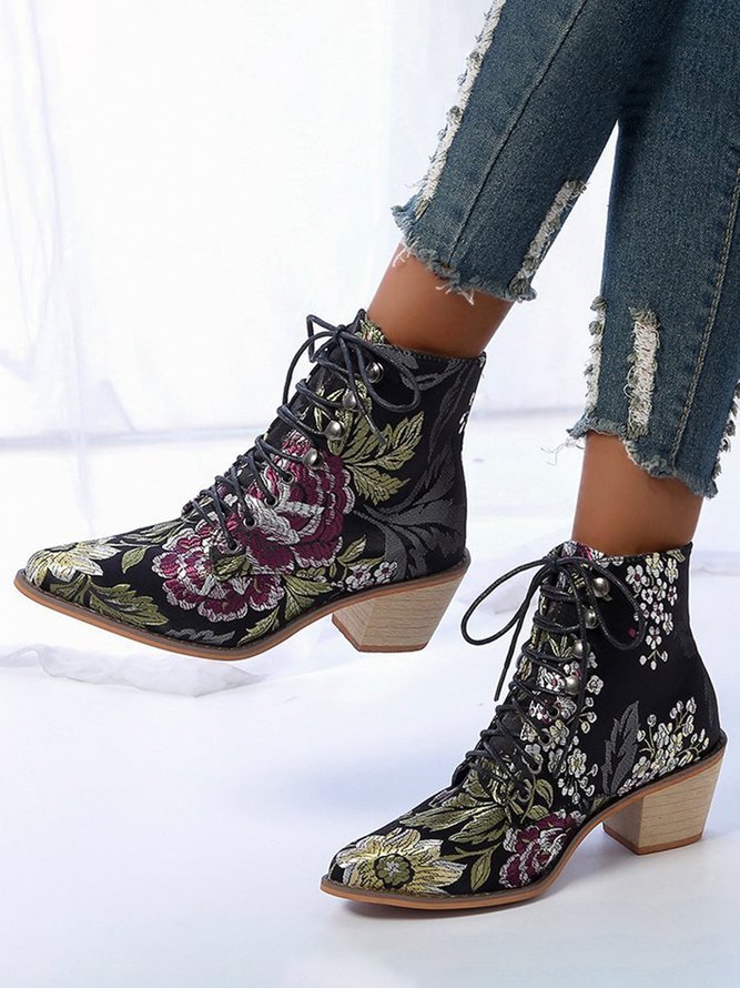 Floral Satin Chunky-Heel Pointed-Toe Booties